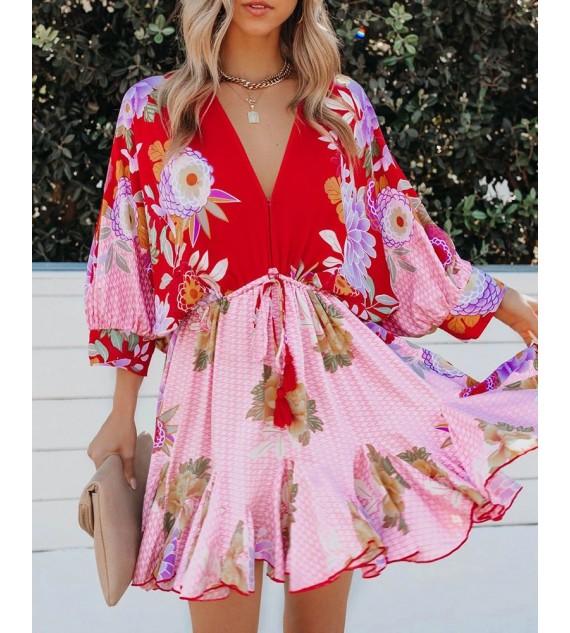 Floral Print Ruffles Hem Lantern Sleeve Casual Dress