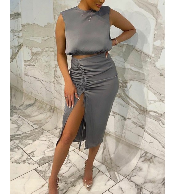 Keyhole Back Crop Tank Top & Drawstring Ruched Split Thigh Skirt Set