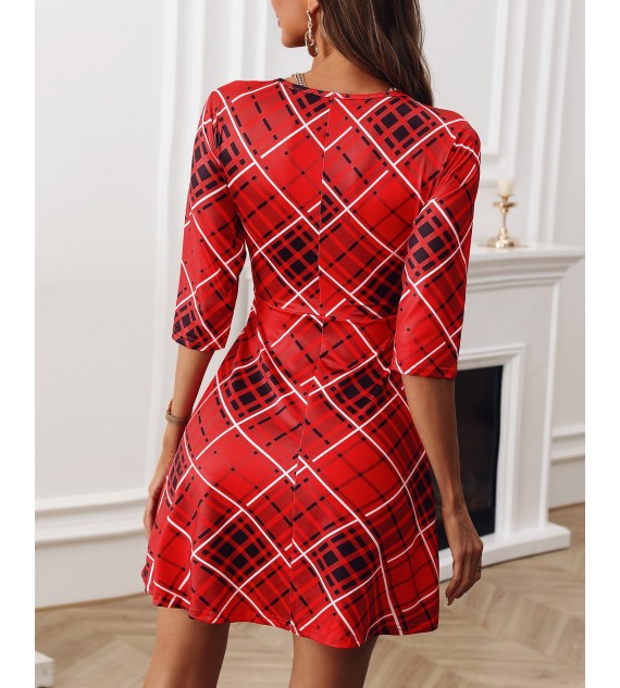 Half Sleeve Plaid Casual Flared Women Dress