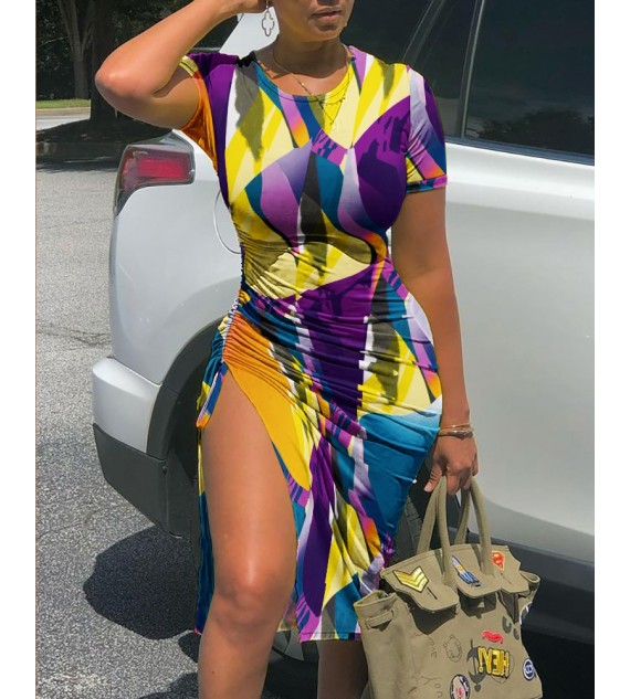 Color Short Sleeve Drawstring Ruched Slit ny Dress