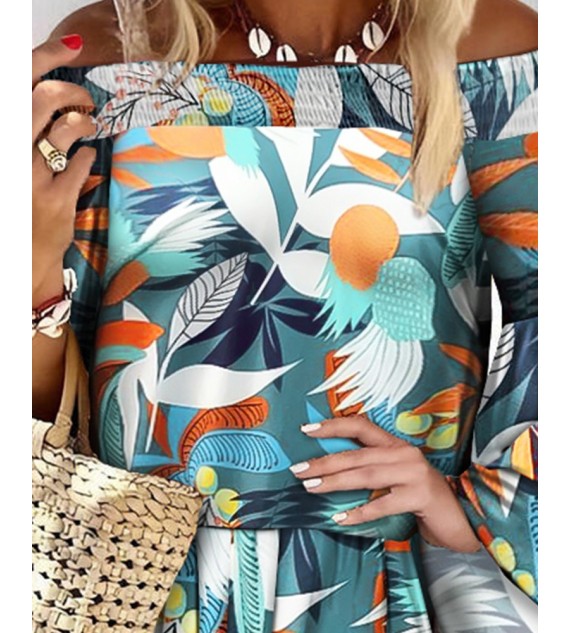 Off Shoulder Shirred Bell Sleeve Tropical Print Dress
