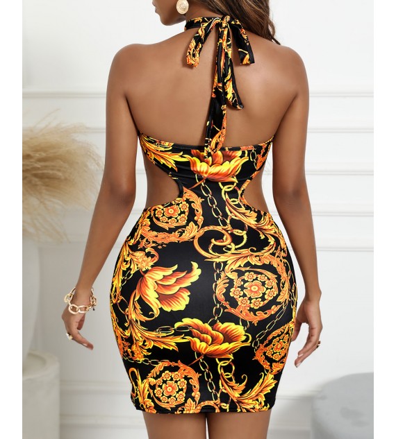 Halter Floral Chain Print Cutout Bodycon Dress