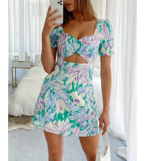 Floral Print Short Sleeve Cut-out ny Women Dress