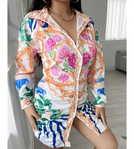 Ruched Scarf Floral Print Button Design Shirt Dress