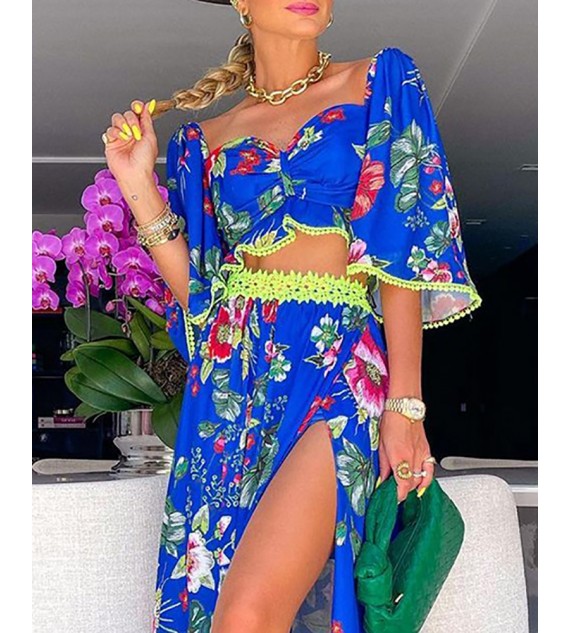 Floral Print Lace Patch Top & Slit Skirt Set
