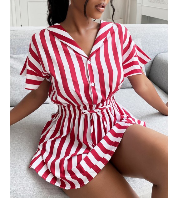 Striped Color Ruffles Shirt Dress
