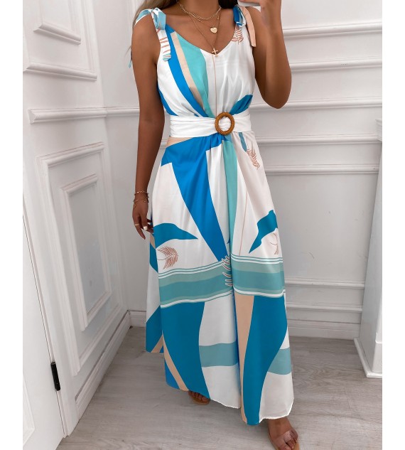 Tropical Print V Neck Tie Up Maxi Dress With Belt
