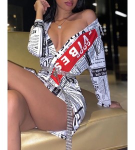 Newspaper Print Long Sleeve Shirt Dress Without Belt