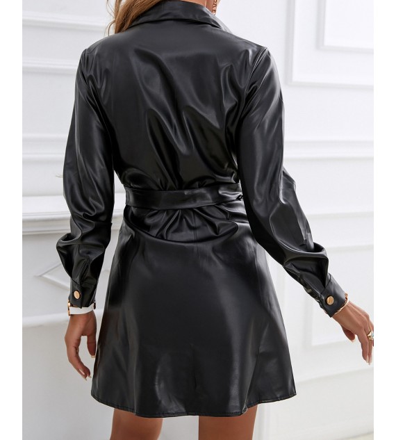 Solid Button Front Flap Pocket Belted PU Leather Shirt Dress