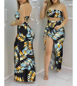 Tropical Print Bandeau Crop Top & Drawstring High Slit Skirt Sets