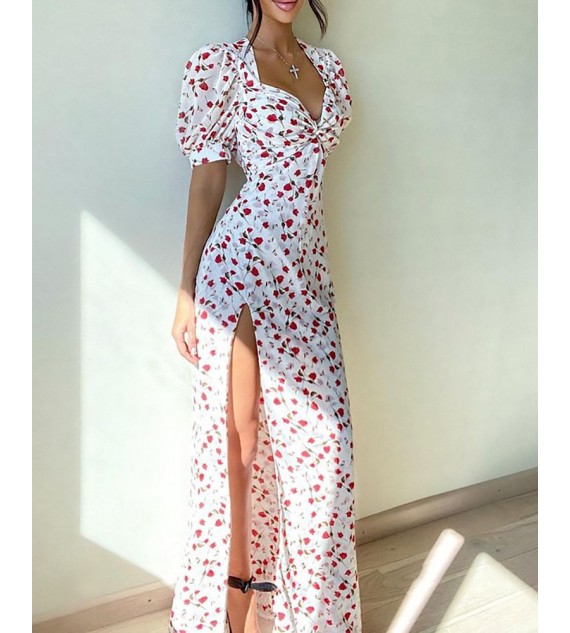 Ditsy Floral Print Ruched Slit Maxi Dress