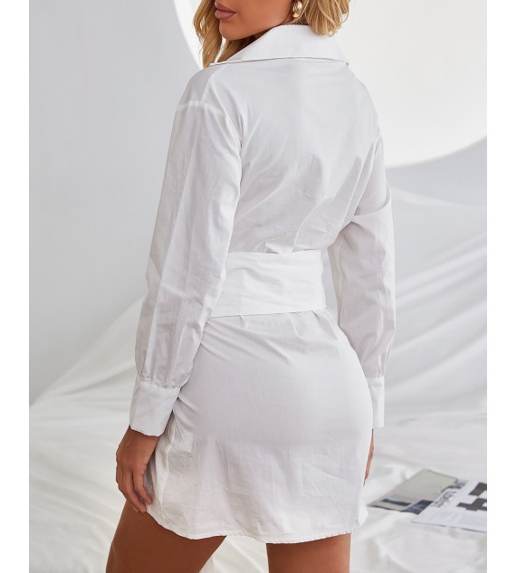 Lantern Sleeve Buttoned Tied Detail Shirt Dress