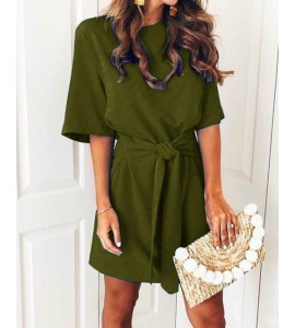 Solid Short Sleeve Self-Belted Casual Women Dress