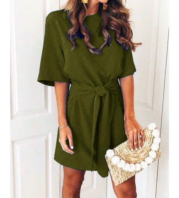 Solid Short Sleeve Self-Belted Casual Women Dress