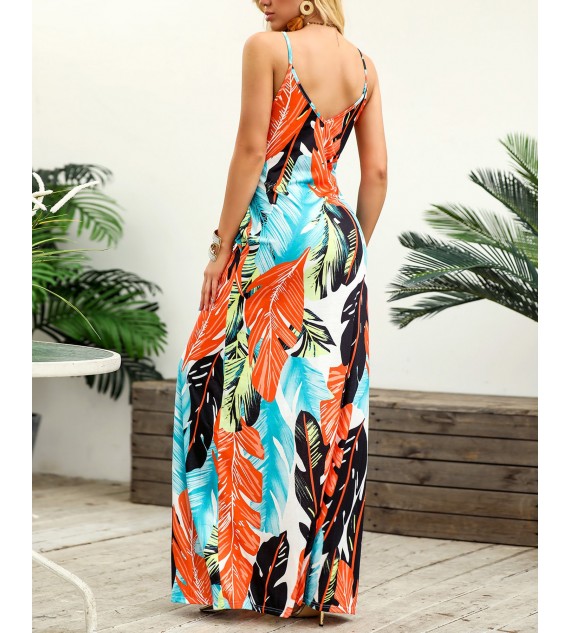 V Neck Dresses Leaf Print Casual Beach Party Swing Dress With Pockets