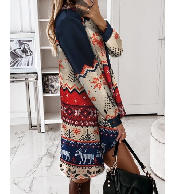 Christmas Print Buttoned Shirt Dress