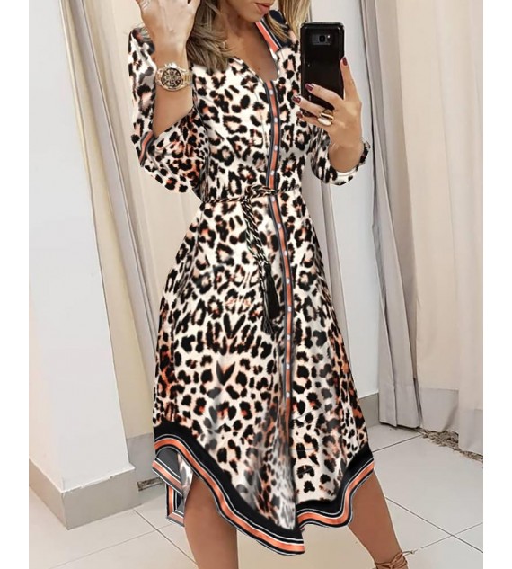 Striped Cheetah Print Button Front Asymmetrical Shirt Dress