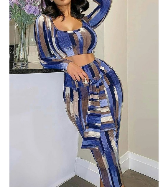 Striped U-Neck Long Sleeve Crop Top & Tie Front Skirt Set