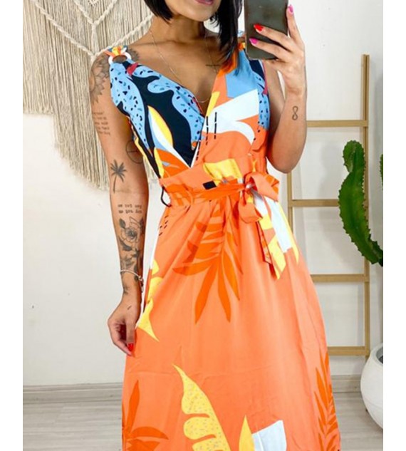 Tropical Print O-Ring Decor Wrap Maxi Dress