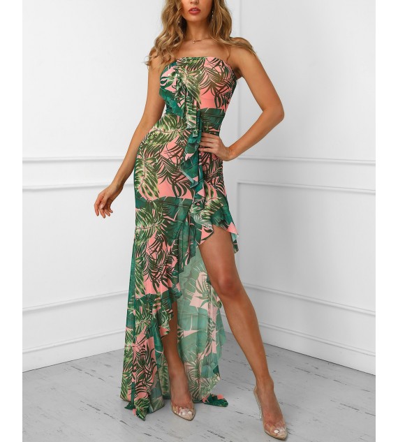 Leaf Printed Irregular Ruffles Hem Tube Dress