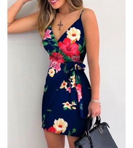 Floral Print V-Neck Wrap Tie Side Cami Dress Sleeveless Slim Elegant Mini Dress
