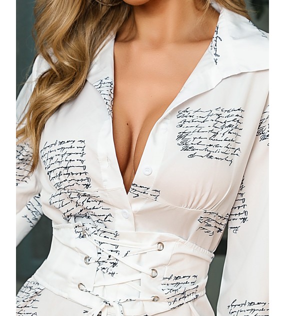 Letter Print Eyelet Lace-Up Women Shirt Dress