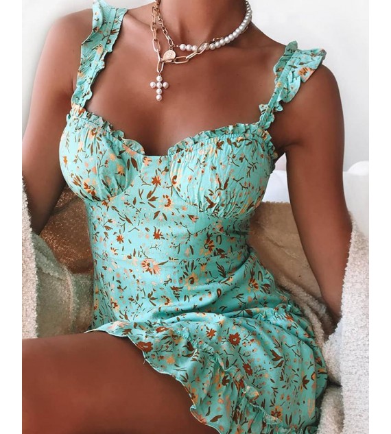 Floral Print Ruffle Trim Dress