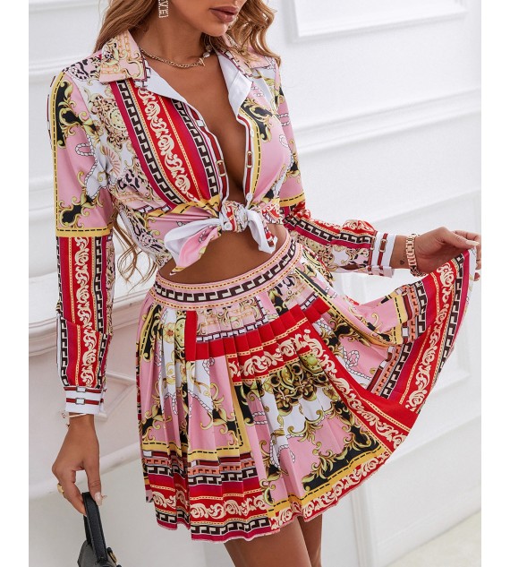 Scarf Print Button Design Shirt & Pleated Skirt Set