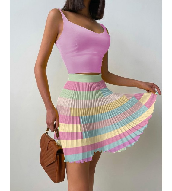 Sleeve Crop Top & Color Pleated Skirt Sets