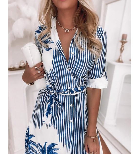 Striped Tropical Print High Slit Shirt Dress Half Sleeve Casual Shirt Dress With Belt