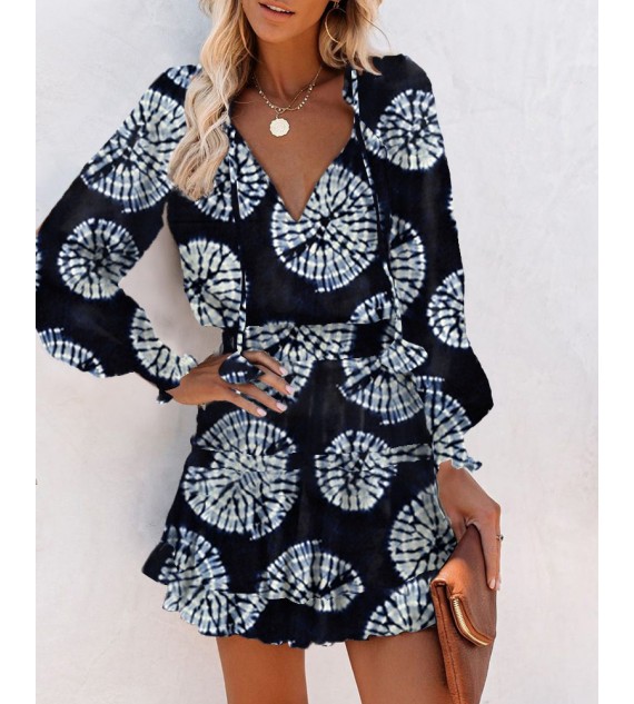 All Over Print ny Waist Long Sleeve Mini Dress