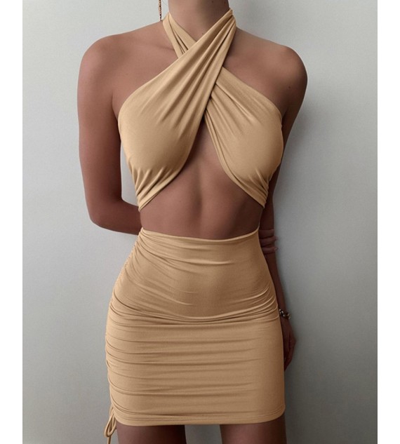 Solid Sleeveless Halter ny Cut-out Mini Dress