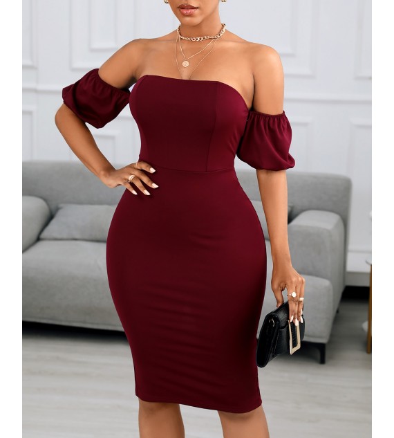 Off Shoulder Plain Zipper Design Back Slit Women Dress