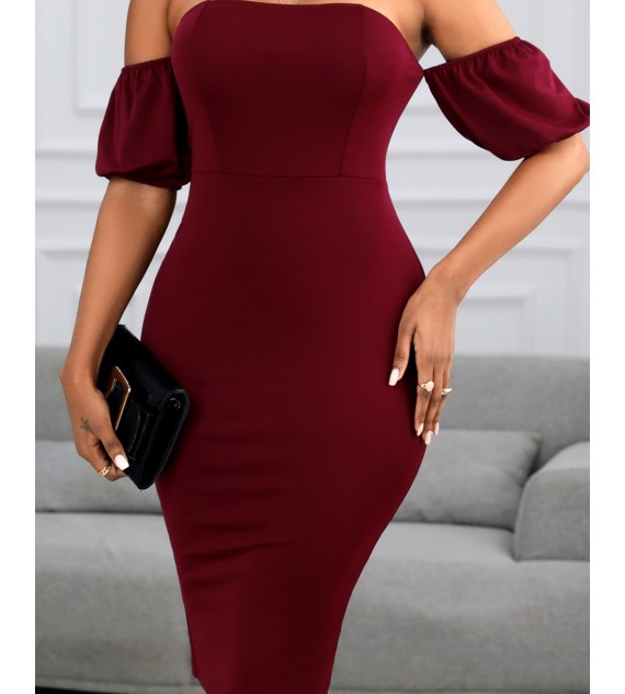 Off Shoulder Plain Zipper Design Back Slit Women Dress