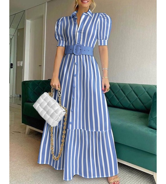 Striped Button Front Puff Sleeve Shirt Dress