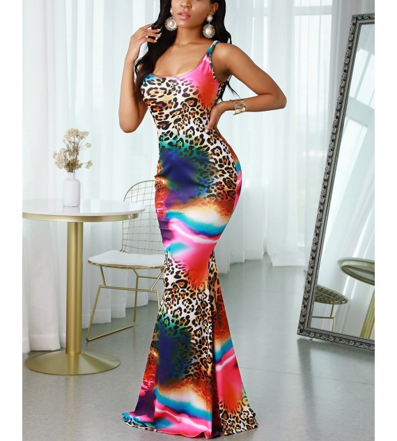 Cheetah Tie Dye Print Mermaid Sleeveless Maxi Women Dress