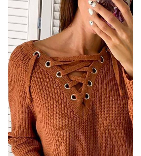 Knit Eyelet Lace Up Long Sleeve Dress