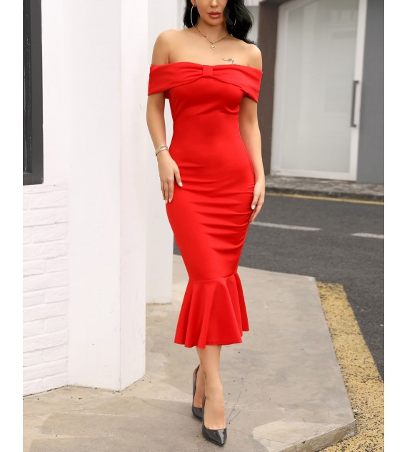 Off Shoulder Ruffles Hem Bowknot Bodycon Dress