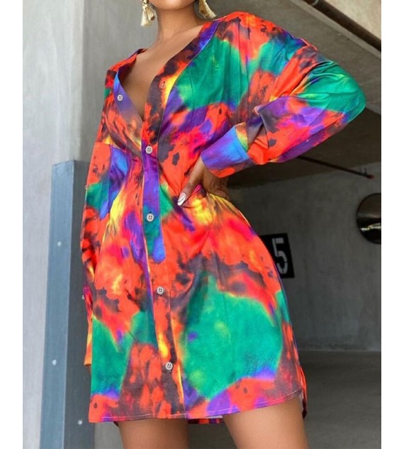 Tie Dye Long Sleeve Button Front Shirt Dress