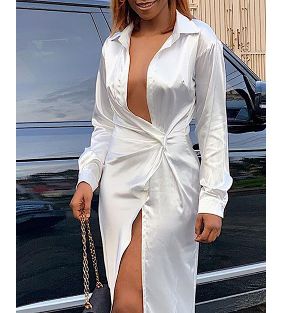 Solid Twisted Design High Slit Maxi Dress