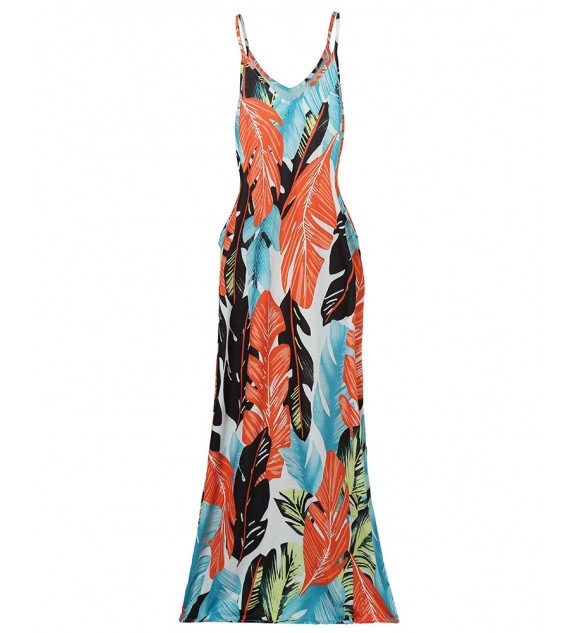 V Neck Dresses Leaf Print Casual Beach Party Swing Dress With Pockets