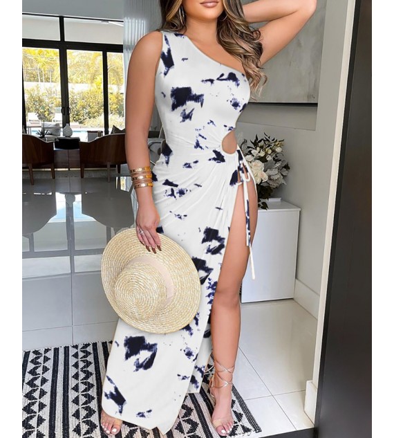 Tie Dye Print Drawstring Cutout High Slit Maxi Dress