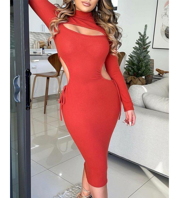 Solid Cutout Drawstring Bodycon Dress