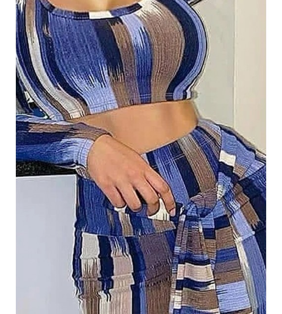 Striped U-Neck Long Sleeve Crop Top & Tie Front Skirt Set