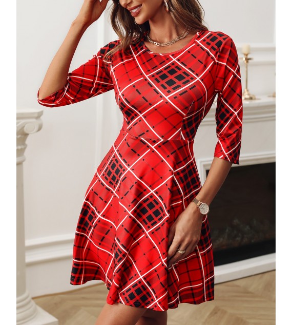 Half Sleeve Plaid Casual Flared Women Dress