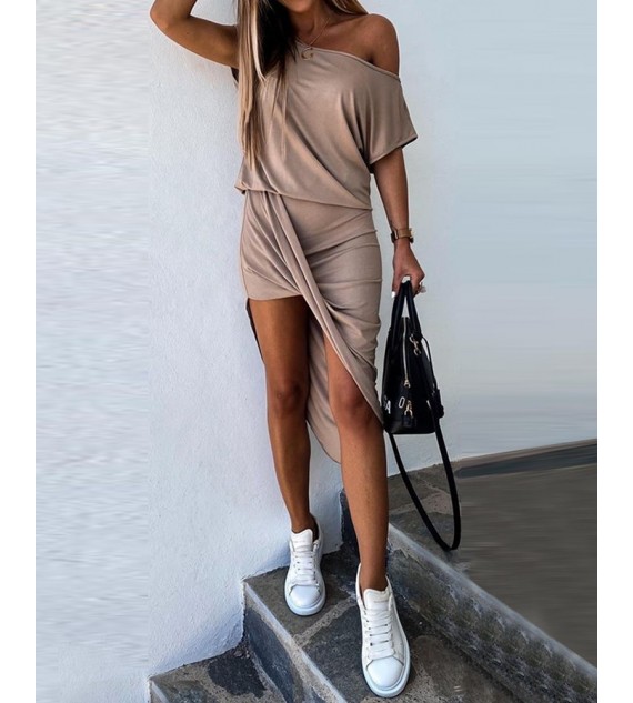 Slash Neck Asymetrical Plain Dress
