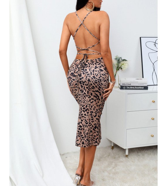 Halter Cowl Neck Cheetah Print Dress