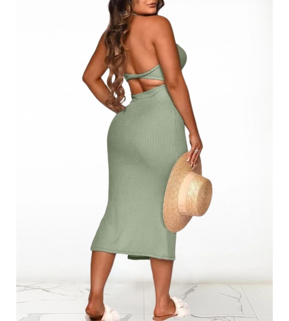 Solid Color Backless Cut-out Halter Sleeveless Knitted Maxi Dress