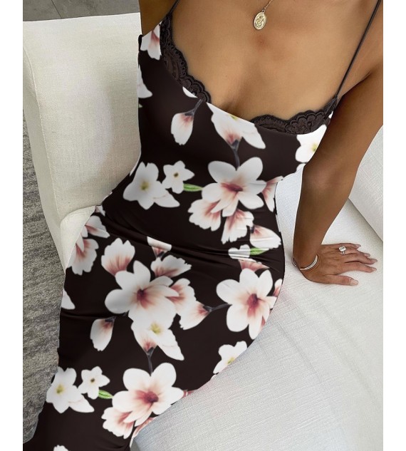Sleeveless Sling Dress Cami Lace Collar Floral Print Straight Bodycon Dress