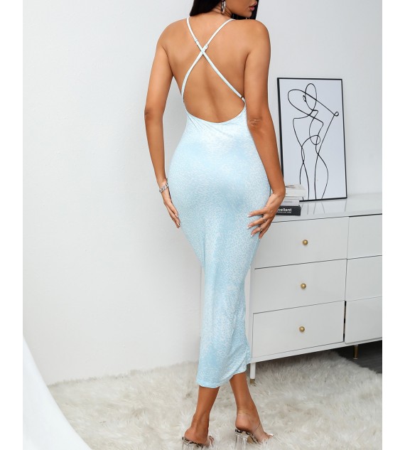 Cheetah Print Crisscross Backless Maxi Dress